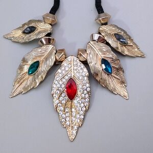 Adjustable‎ Leaf Rhinestone Necklace Metal 18" Chain Unmarked and Unbranded